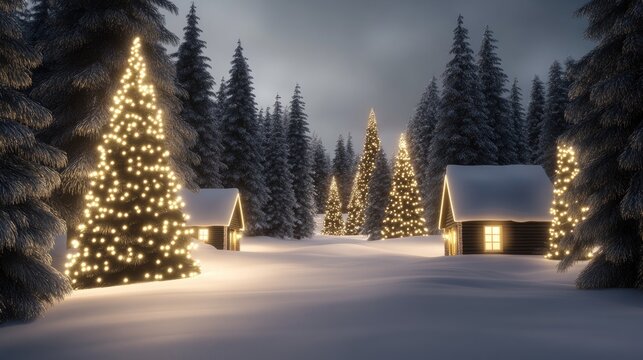 Cozy cottages glow warmly against the snow-covered landscape as soft snowflakes dance through the enchanted forest at golden hour - Powered by Adobe