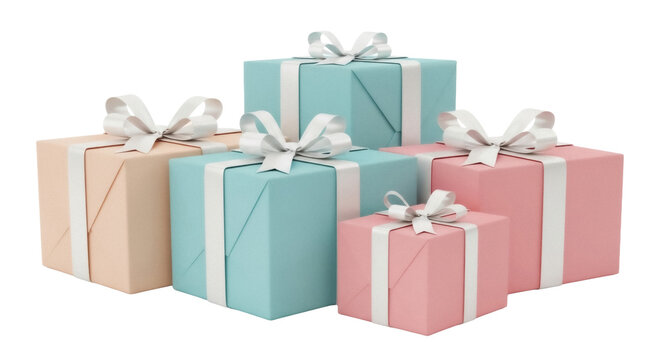 Pastel gift boxes with ribbons isolated PNG, presents for birthday celebration and special occasions on transparent background - Powered by Adobe