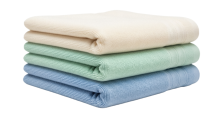 Stack of three folded towels PNG isolated on transparent background, pastel colored soft cotton cloths for bathroom and spa use