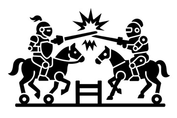 Fototapeta premium Robot Jousting Duel. Solid style icons of robot jousting: two robots charging with lances, mechanical horse base, impact collision