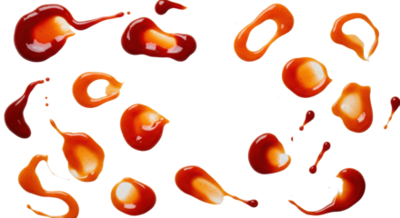 Vibrant red and orange chili sauce, ketchup, and sriracha splatters, drips, and smears with varying opacity on a pristine matte white studio background, captured flat lay, generous copy space,