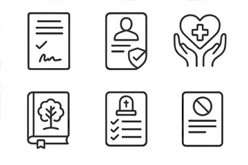 End-of-Life Planning Icons. Line style icons of end-of-life planning: living will document, power of attorney form, hospice care