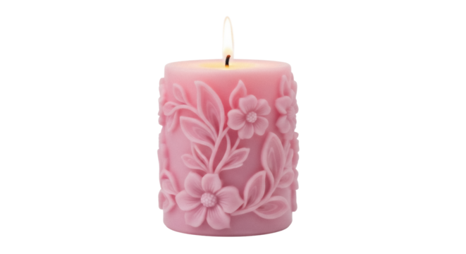 Pink floral candle isolated PNG on transparent background, decorative wax candle with flower pattern for home decor and romantic ambiance