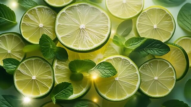 Fresh Lime Slices and Mint Leaves Arrangement for Refreshing Drinks.