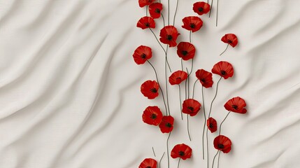 Vibrant red poppies are hand-painted across white linen fabric showcasing a seamless pattern with natural texture and elegance SEAMLESS PATTERN