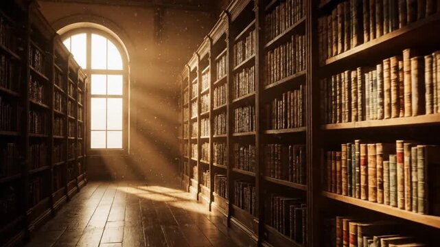 Antique library corridor, sunlight streaming through window, old books, historic