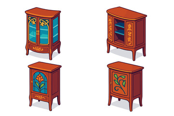 Art Nouveau Furniture. Isometric vector illustration set Antique furniture – Art Nouveau display cabinet, curved glass, floral