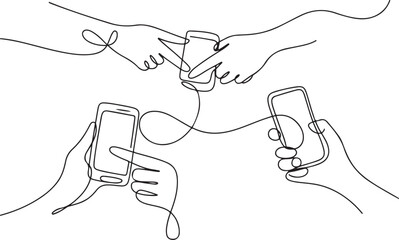 One continuous line drawing of Fingers touching, tapping, scrolling smartphone screens concept. Doodle vector illustration in simple linear style. one line Icon drawing