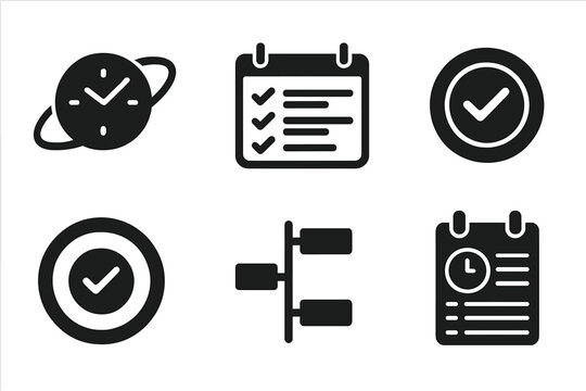 Planning Icons Collection. Solid style icons of daily activity planners: orbit clock glyph, digital schedule icon, routine badge.