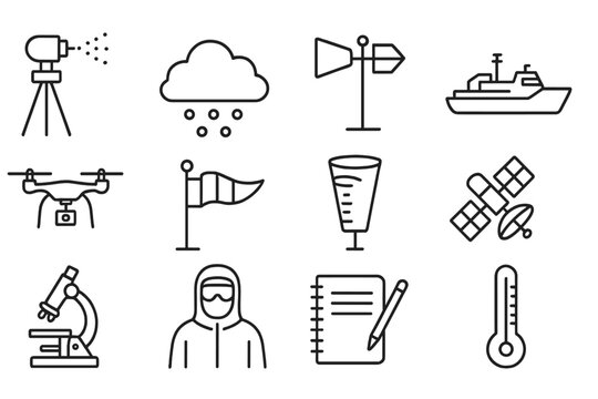 Climate Intervention Icons. Line style icons of Climate Intervention Testing: Aerosol Disperser, Cloud Formation, Reflectivity
