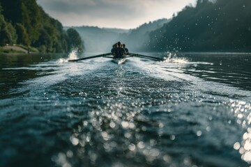 Team Rowing in Harmony on Calm River with Cinematic Motion