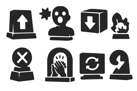 Public Reaction Sculptures. Solid style icons of public reaction sculptures: upvote slab, viral shock bust, downvote cube. Comment