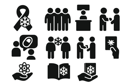 Cryonics Advocacy Icons. Solid style icons of cryonics advocacy: awareness ribbon with snowflake, community support icon, public