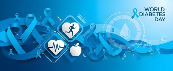 World Diabetes Day Banner Design Template with Blue Ribbons and Health Icons