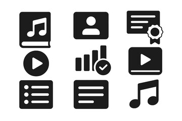 Lecture Playlist Icons. Solid style icons of lecture playlist curation: music note with book glyph, topic track icon, list badge.