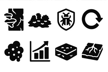 Biodiverse Icons Collection. Solid style icons of bio-reclaim in ruins: fungus wall glyph, moss floor icon, insect badge. Decay