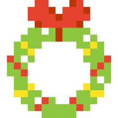 Merry Christmas Wreath. Vector Illustration of 8 Bit Game Winter Object. Mosaics, Embroidery and Drawing. Seasonal Decorations with Bow