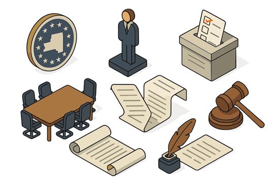 Electoral College Icons. Isometric vector illustration set Voting and elections – electoral college icons: state seal, delegate
