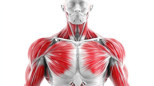 Illustration of human chest muscles highlighting red colored muscle fibers on white background, detailed clearly visible muscles with realism and clarity for medical education.