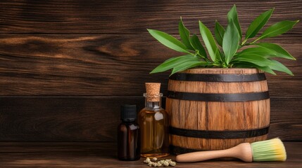 The inviting interior of a wooden bathhouse features essential oils, fresh herbs, and plush towels for a soothing spa experience