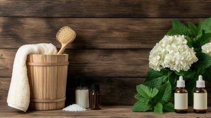 The inviting interior of a wooden bathhouse features essential oils, fresh herbs, and plush towels for a soothing spa experience