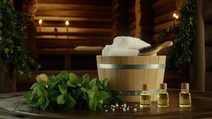 The inviting interior of a wooden bathhouse features essential oils, fresh herbs, and plush towels for a soothing spa experience