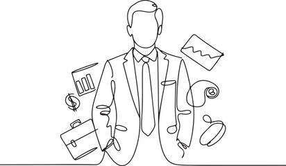 Continuous one line drawing of Businessman with floating business icon. Single line drawing illustration of Young businessman. Success business concept vector art. one line Icon drawing