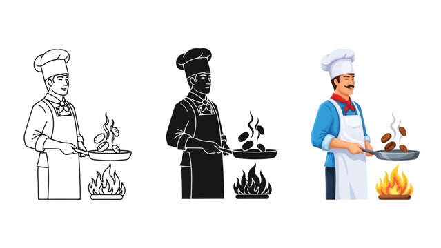 Collection of three chef illustrations in outline, silhouette, and full color cooking with a frying pan over fire