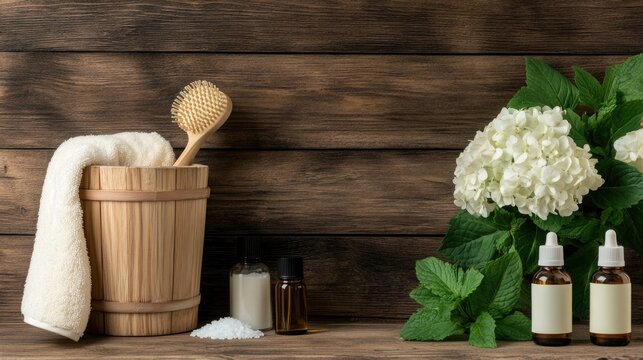 The inviting interior of a wooden bathhouse features essential oils, fresh herbs, and plush towels for a soothing spa experience