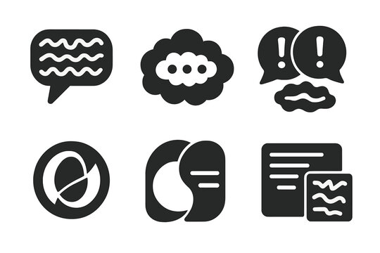 Semantic Noise Icons. Solid style icons of semantic noise infusion: language static glyph, phrase fog icon, meaning clash badge.