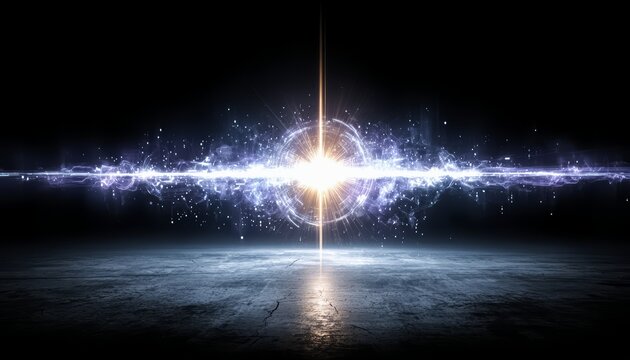 Bright light is shining through a dark space. The light is surrounded by a blue and purple wave