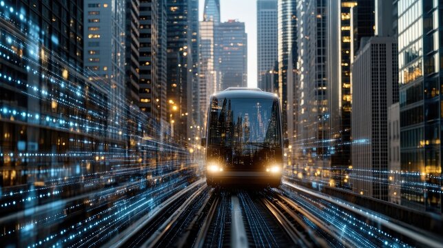 Philadelphia's dusk cityscape glows with blue light trails, showcasing modern tech in a vibrant Cyberpunk style