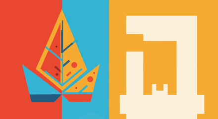 Naklejka premium Abstract Geometric Art - Pizza Slice and Coffee Maker.