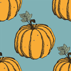 Seamless pattern of glowing halloween pumpkins on COLOR background. Scary and funny faces. Cute Pumpkin or ghost. Vector autumn holidays illustration.