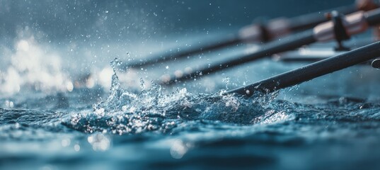 Minimalist Cinematic Shot of Rowing Oars Breaking Water Surface in Harmony