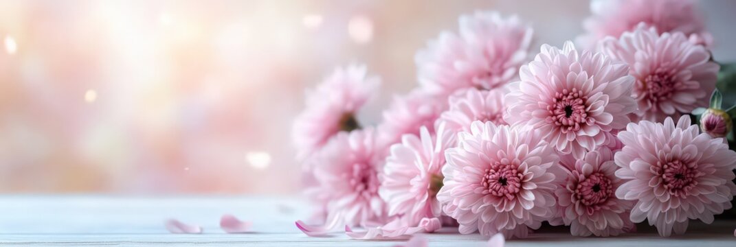 Bouquet of pink chrysanthemums on white wooden tabletop, blurred background. Banner with empty space