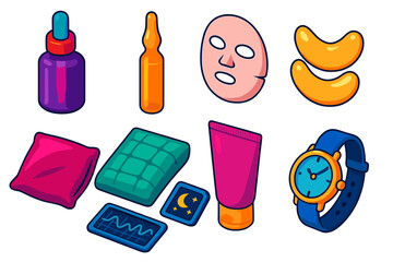 Vibrant Skincare Essentials. Isometric vector illustration set Skincare routine – retinol serum bottle, peptide ampoule, collagen