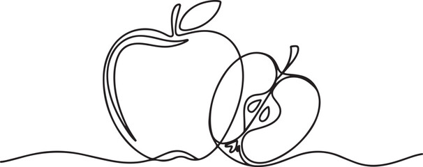 Single one line drawing whole and slice healthy organic apple for orchard logo identity. Fresh delicious fruitage concept for fruit garden icon. one line Icon drawing