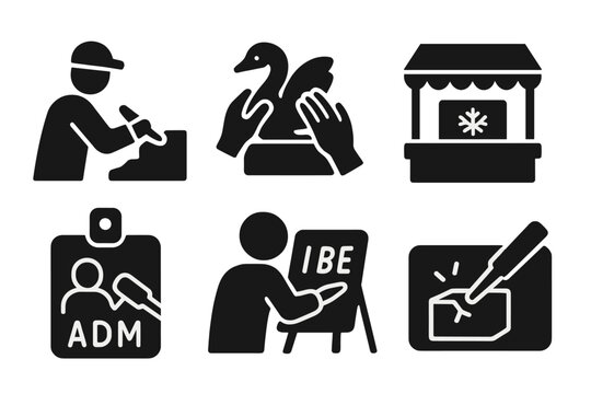 Interactive Ice Experience Icons. Solid style icons of interactive ice experiences: visitor with chisel, hands-on sculpture icon,
