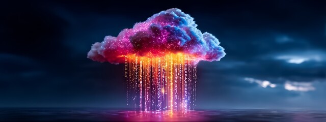 Colorful cloud with a rainbow of colors falling from it. The sky is dark and stormy