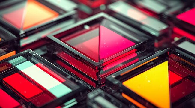 Colorful image of many different colored squares and triangles. The squares are all different sizes and colors