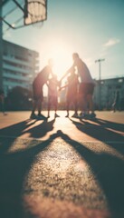 Friends Unite in Gesture on Sunlit Outdoor Basketball Court