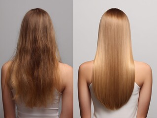 Transformation of hair texture in young caucasian female: before and after treatment