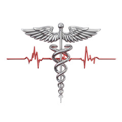 Metallic 3d caduceus symbol with a vibrant red heartbeat line representing medicine and healthcare concept
