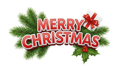 Transparent background merry christmas text with pine branch, gift, and holly isolated on transparent background
