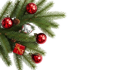 Transparent background christmas fir branch with red and silver ornament and gift box isolated on transparent background