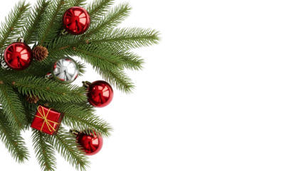 Transparent background christmas fir branch with red and silver ornament and gift box isolated on transparent background
