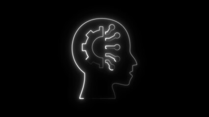 White Neon Outline Human Head with Gear and Circuit Brain on Black Background artificial intelligence