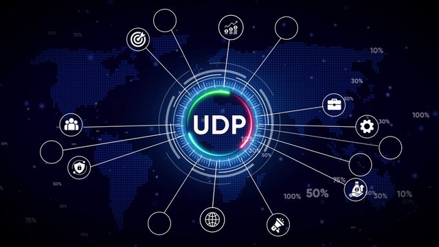 UDP network protocol diagram with global map and technology icons User Datagram Protocol