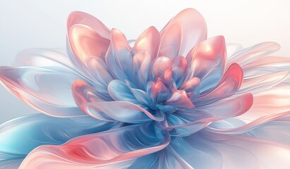 Blooming flower with petals made of soft translucent material in pink and blue shades on white background, symbolizing growth and new beginnings.